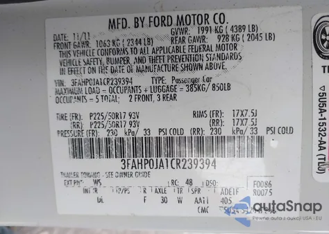 2012 Ford Fusion Sel z USA, uszkodzony, nr VIN 3FAHP0JA1CR239394